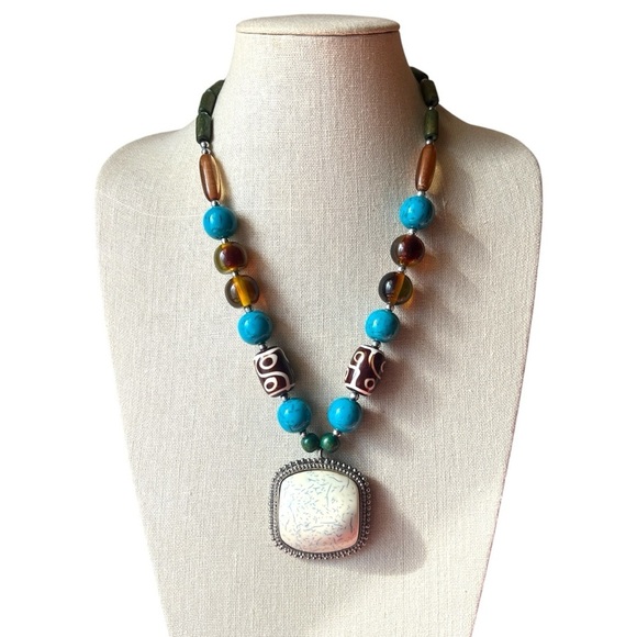 Statement Blue and Brown Beaded Necklace Wood Beads - Picture 1 of 10
